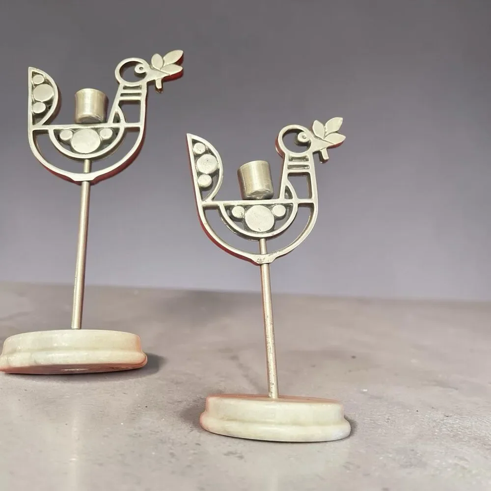 Scandinavian Style folk art Pewter Bird Candle Holder Set On Marble Base